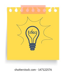 Light bulb on yellow note paper in getting idea concept. Vector illustration.