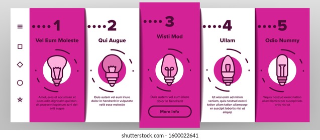 Light Bulb Onboarding Mobile App Page Screen Vector. Electricity Energy Saving And Incandescent Light Bulb, Led And Fluorescent Lamp Illustrations