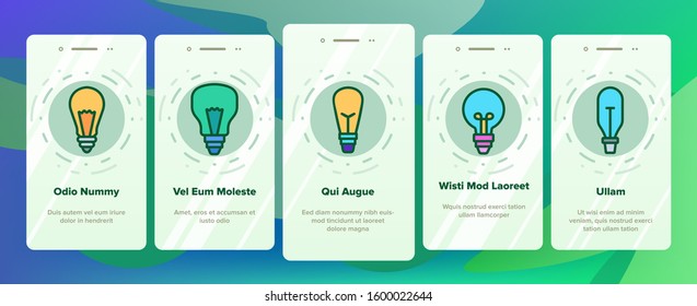 Light Bulb Onboarding Mobile App Page Screen Vector. Electricity Energy Saving And Incandescent Light Bulb, Led And Fluorescent Lamp Illustrations