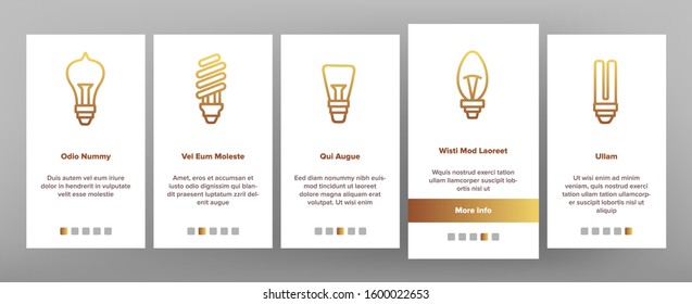 Light Bulb Onboarding Mobile App Page Screen Vector. Electricity Energy Saving And Incandescent Light Bulb, Led And Fluorescent Lamp Illustrations