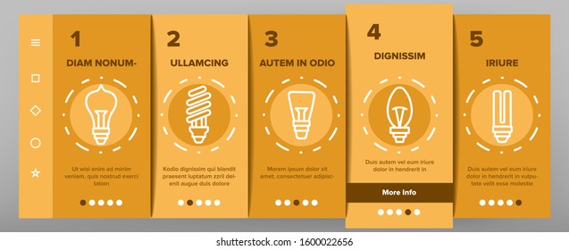 Light Bulb Onboarding Mobile App Page Screen Vector. Electricity Energy Saving And Incandescent Light Bulb, Led And Fluorescent Lamp Illustrations