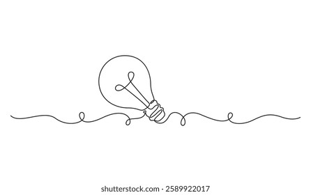 Light bulb one continuous line drawing. Electric lamp. Brainstorm linear symbol. Isolated on white background vector illustration