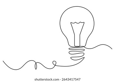 Light bulb one line drawing in minimalist style vector illustration isolated on white
