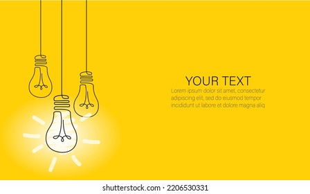 Light bulb one line icons with concept of idea. Innovation creative ideas. Idea banner with lamps. Doodle hand drawn sign. Process to supply electricity to lightbulb. Vector illustration. Template