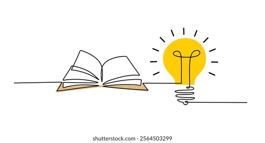 Light bulb and an open book in continuous line drawing. Symbolizing learning, knowledge, and creativity. Vector illustration one line art minimalist.