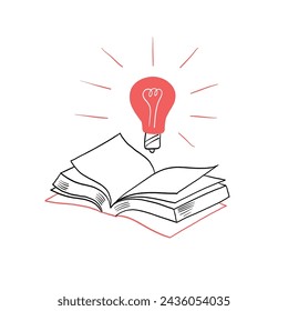 Light bulb with open book. Idea education concept. Hand drawing vector illustration doodle style.