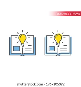 Bombilla de luz e ícono de vector de libro abierto o libro de texto. Bombilla, conocimiento, concepto educativo contorno ícono colorido, trazo editable.