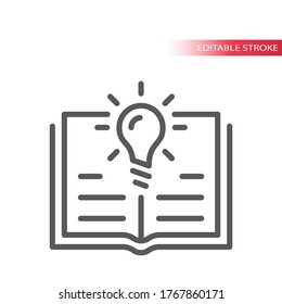 Light bulb and open book or textbook vector icon. Lightbulb, knowledge, education concept outline icon, editable stroke.