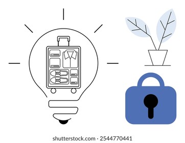 Lâmpada com uma mala aberta no interior, enfatizando a embalagem e a organização. Almofada azul e planta em vaso adicionam camadas de segurança e simplicidade. Ideal para dicas de viagem, segurança, minimalismo