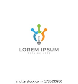 Light bulb with optical fiber connection for technology logo design
