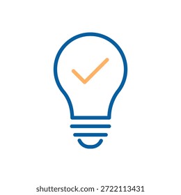 Bombilla con marca de verificación naranja en el interior que representa la innovación confirmada, solución creativa, conocimiento, Aprobación e idea exitosa. Icono de línea delgada, trazo editable