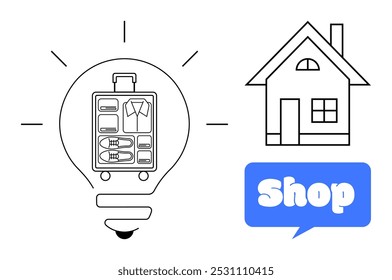 Lâmpada com uma mala organizada dentro ao lado de uma casa simples e bolha de texto azul dizendo loja. Ideal para viagem organização de embalagem inteligente compras casa viver. Estilo simples do vetor moderno