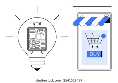 A light bulb with an organized suitcase inside it and a smartphone displaying a shopping cart with a buy button. Ideal for travel, e-commerce, smart solutions, online shopping, organization
