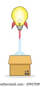 Light bulb out of the box like a rocket, idea symbol