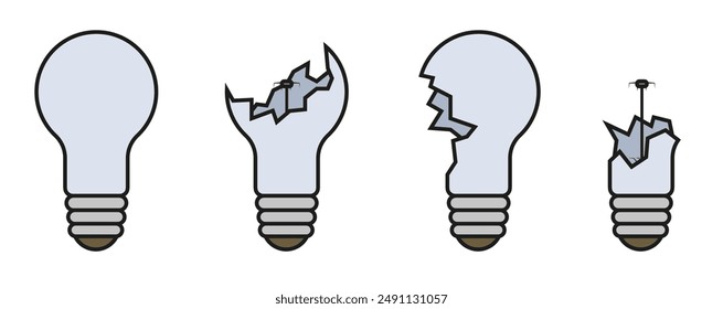 A light bulb with an outline. Broken lamp concept. A whole light bulb, a broken light bulb. EPS 10.