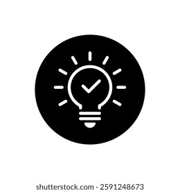 Light bulb outline with check mark icon on black circle. Lamp with tick sign symbol