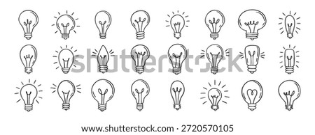 Light bulb outline icons set collection doodle hand drawn icon. Line art lamp clipart symbol. Vector illustration