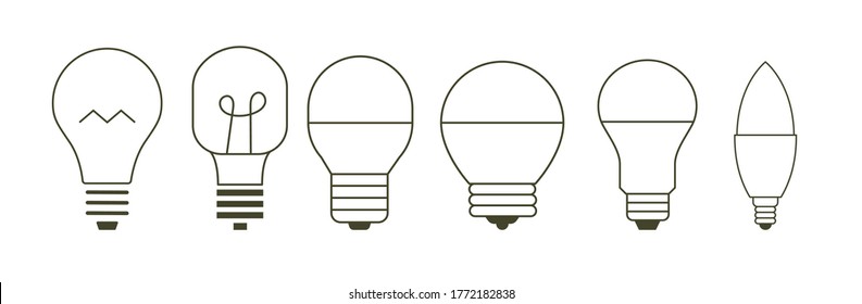 Iconos de contorno de bombilla luminosa ilustraciones vectoriales aisladas en blanco.