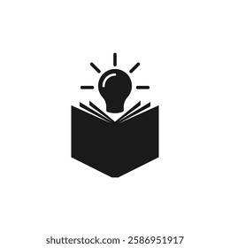 Light bulb over a book icon. Vector illustration and silhouette on white background. Representing creative ideas, knowledge, and education.
