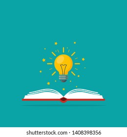 Light bulb over the book as a symbol of knowledge, the birth of ideas. Vector illustration