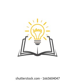 Light bulb over the book as a symbol of knowledge, the birth of ideas. Vector illustration