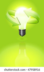 Light bulb over a green background with recycling symbol. Vector image.