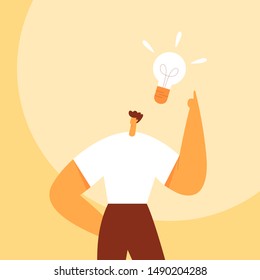 Light bulb over the man head. Business concept of creating new good ideas or thoughts. Cartoon male character, businessman. Flat vector illustration. Use in web projects and applications.