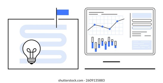Light bulb over twisty path with flag and data dashboard with graphs and charts. Ideal for business planning, project management, strategy development, data analysis, team collaboration, market