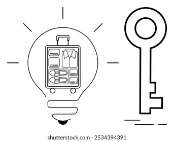 Bombilla con equipaje empaquetado dentro y llave Grande. Ideal para viajes, innovación, planificación, creatividad, conceptos de organización. Estilo sencillo, moderno y minimalista