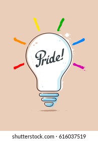 Light bulb painting with PRIDE text and light rays colored as rainbow lgbt flat. Gay concept vector illustration