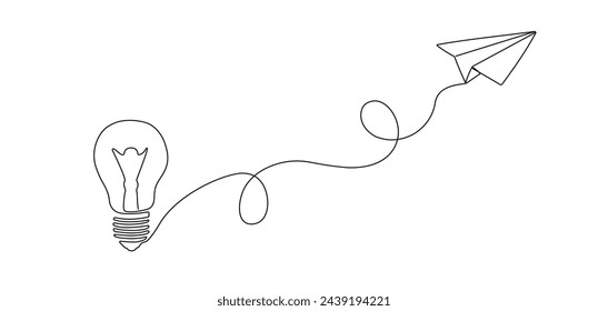 Light bulb, paper airplane flying upwards in one continuous editable line. Business idea symbol. Vector illustration in simple linear style.