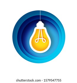 Light bulb in paper craft style. Origami Electric bulb. Bright yellow color for creativity, startup, brainstorming, business. Circle blue layered frame.