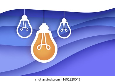 Light bulb in paper craft style. Origami Electric bulb. Bright yellow color for creativity, startup, brainstorming, business. Purple layered background.