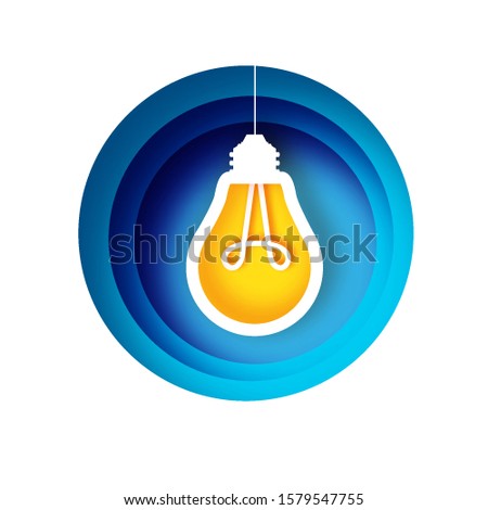 Light bulb in paper craft style. Origami Electric bulb. Bright yellow color for creativity, startup, brainstorming, business. Circle blue layered frame.