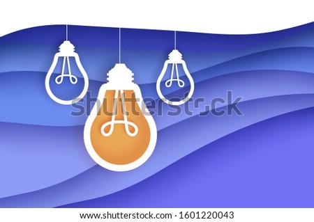 Light bulb in paper craft style. Origami Electric bulb. Bright yellow color for creativity, startup, brainstorming, business. Purple layered background.
