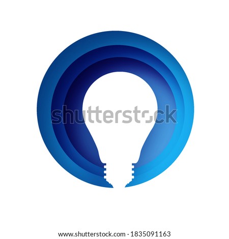 Light bulb in paper craft style. Origami Electric bulb. Bright white color for creativity, startup, brainstorming, business. Circle blue layered frame.