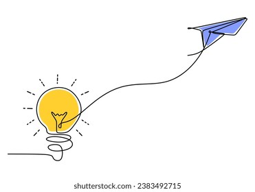 Light bulb and paper plane one continuous line drawing. Vector illustration isolated. Minimalist design handdrawn.