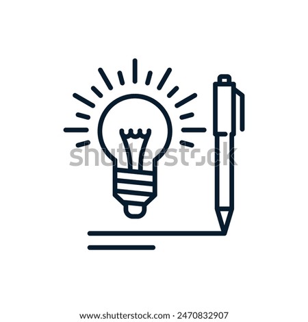 Light bulb and pen. Concept of writing down an idea. Vector linear icon isolated on white background.