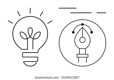 Light bulb and pen nib with minimalistic lines and geometric shapes. Ideal for creativity, innovation, design, inspiration, technology. Minimalist style, black and white, vector design