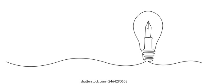 Light bulb and pen in one continuous line drawing. Creative idea innovation and writer and poetry concept. Lightbulb symbol in Editable stroke. Doodle contour vector illustration