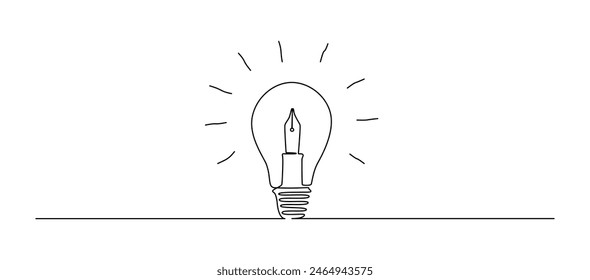 Light bulb and pen in one continuous line drawing. Creative idea innovation and writer and poetry concept. Lightbulb symbol in Editable stroke. Smart dodle vector illustration