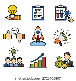 A light bulb pencil checklist test tube magnifying glass thumbs up thumbs down rocket megaphone business team idea growth chart businessman money and success icons illustrate business concepts