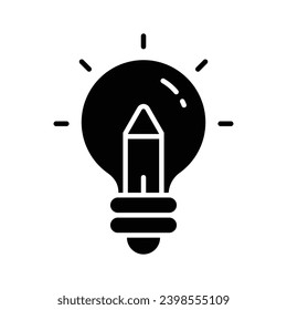 Bombilla de luz con lápiz que denota el icono de concepto de escritura creativa, diseño personalizable
