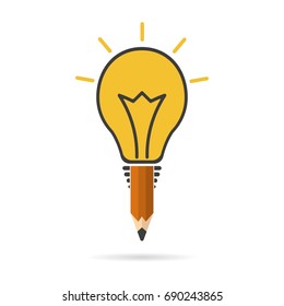 Light bulb and pencil icon with shadow. Idea, creativity, business concept. Vector illustration