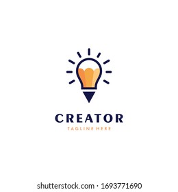 Light bulb and pencil logo template. Creative idea vector design. Smart writer logotype