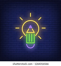 Light bulb with pencil neon sign. Invention and development concept design. Night bright neon sign, colorful billboard, light banner. Vector illustration in neon style.