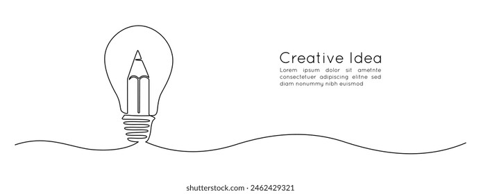 Light bulb and pencil in one continuous line drawing. Creative idea innovation and writer and poetry concept. Lightbulb symbol in Editable stroke. Doodle outline vector illustration