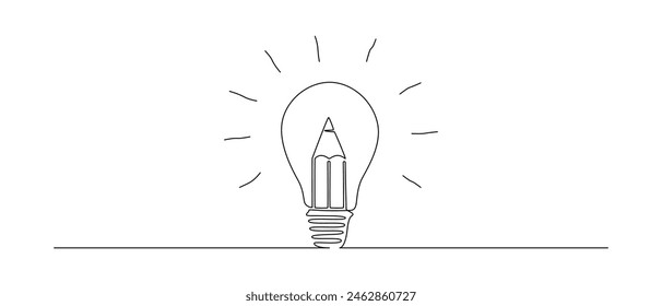 Light bulb and pencil in one continuous line drawing. Creative idea innovation and writer and poetry concept. Lightbulb symbol in Editable stroke. Doodle Vector illustration