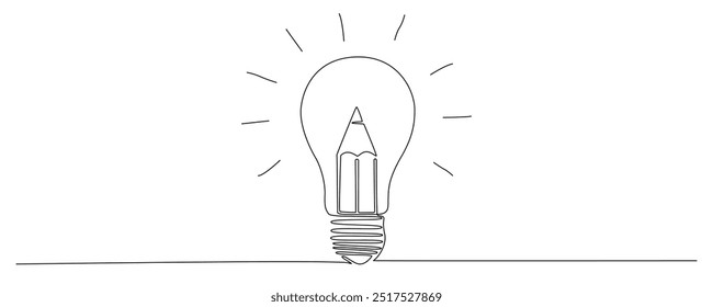 Light bulb and pencil in one continuous line drawing. Creative idea innovation and writer and poetry concept. Lightbulb symbol in Editable stroke. Doodle Vector illustration