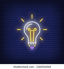 Light bulb with pencil tip neon sign. Idea and development concept design. Night bright neon sign, colorful billboard, light banner. Vector illustration in neon style.